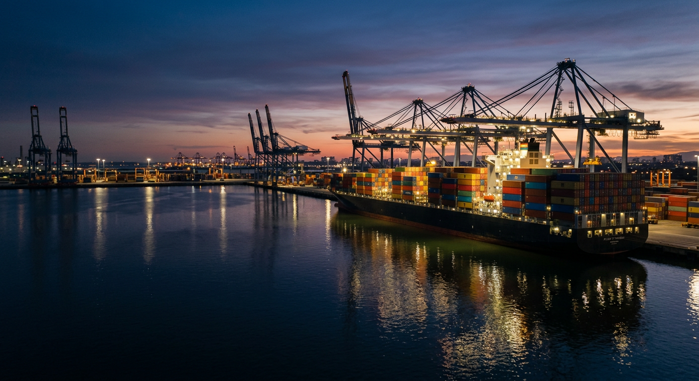 A container port with a cargo ship at dusk